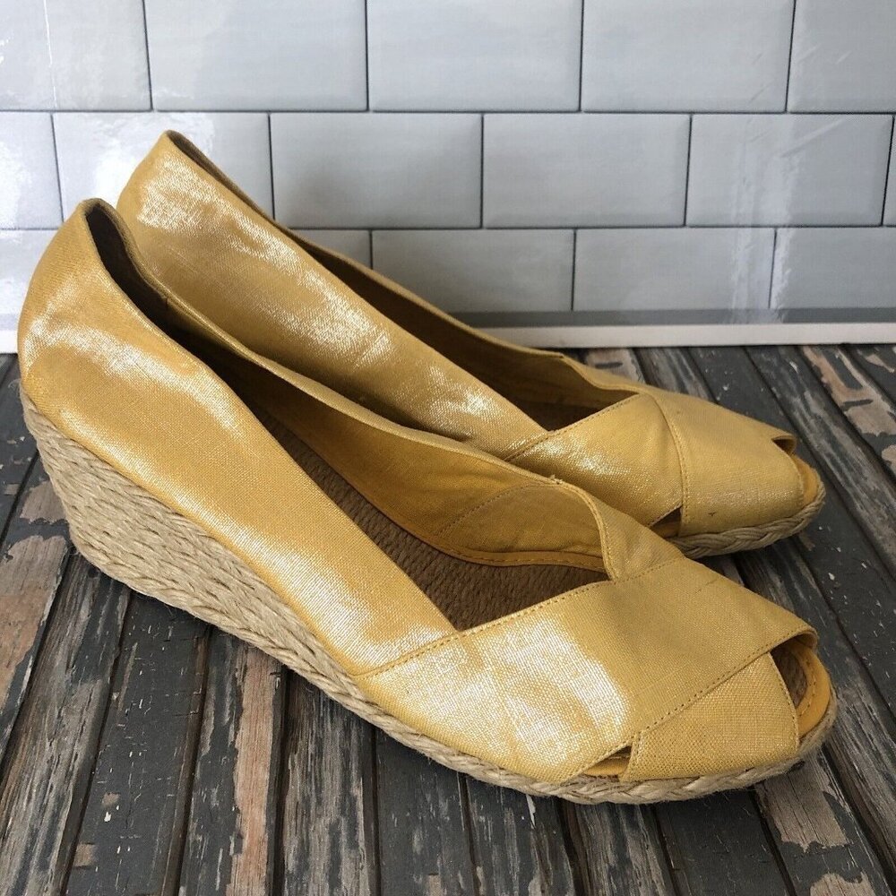 Lauren Ralph Lauren Cecilia Wedges Womens 10B Linen Espadrille Yellow Shimmer